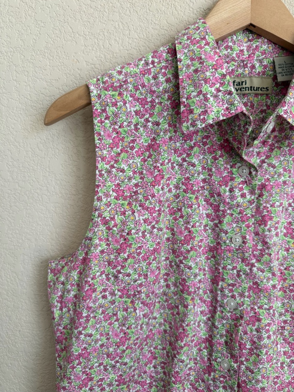 Safari Adventures Vintage Floral Sleeveless Button Down Shirt Large Cotton Pink - Picture 4 of 8